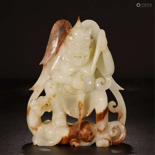 CHINESE YELLOW JADE BUDDHIST GUARDIAN ON DRAGON