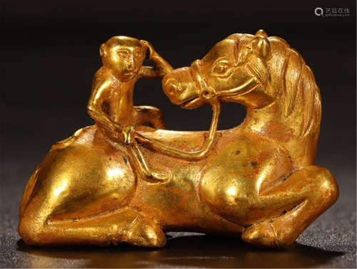 CHINESE GILT BRONZE MONKEY AND HORSE TABLE ITEM