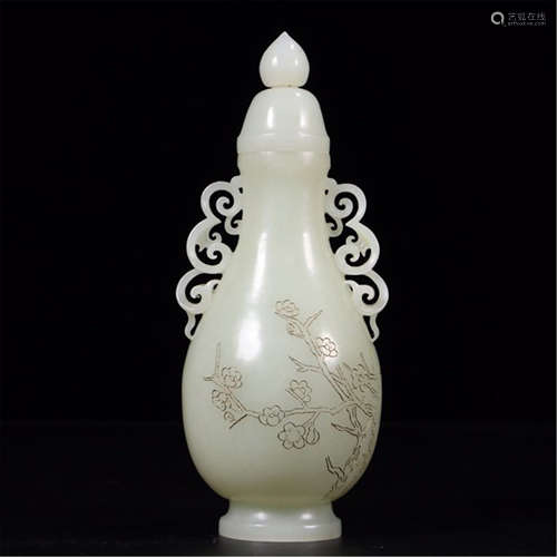 CHINESE CELADON JADE FLOWER LIDDED VASE