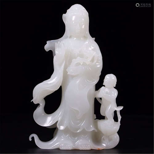 CHINESE WHITE JADE STANDING GUANYIN WITH BOY TABLE ITEM