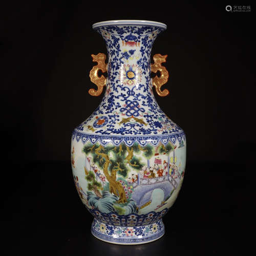 CHINESE PORCELAIN BLUE AND WHITE FAMILLE ROSE BOY PLAYING VASE