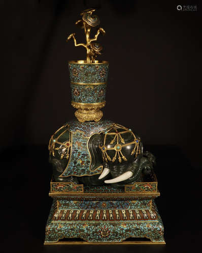 CHINESE SPINACH JADE ELEPHANT ON CLOISONNE BASE