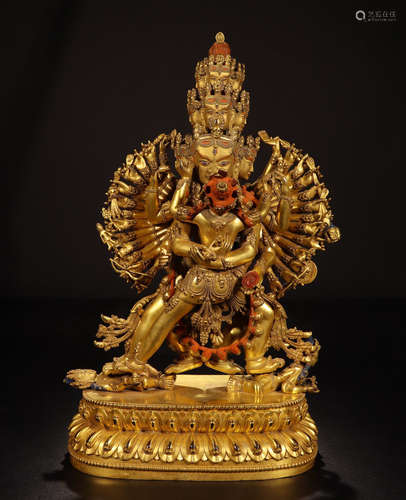 TIBETAN GILT BRONZE STANDING THOUSAND ARMS SAMANTAKA