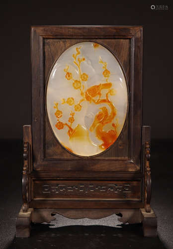 CHINESE AGATE ROUND PLAQUE OF BIRD AND FLOWER ROSEWOOD TABLE SCREEN