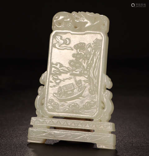 CHINESE WHITE JADE SQUARE PLAQU ON STAND