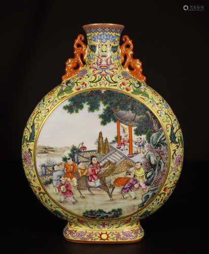 CHINESE PORCELAIN FAMILLE ROSE BOY PLAYING MOONFLASK