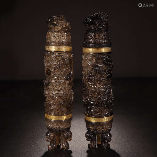 PAIR OF CHINESE TEA ROCK CRYSTAL INCENSE CAGES