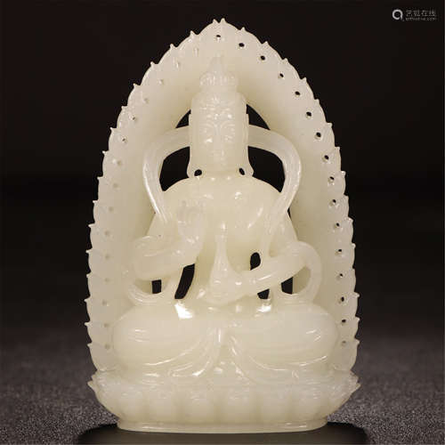 CHINESE WHITE JADE SEATED GUANYIN TABLE ITEM