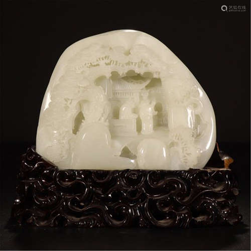 CHINESE WHITE JADE SCHOLAR ROCK ON ROSEWOOD STAND