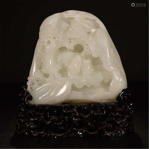 CHINESE WHITE JADE SCHOLAR ROCK ON ROSEWOOD STAND