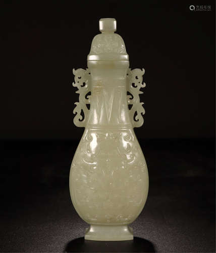 CHINESE YELLOW JADE DRAGON HANDLE LIDDED SQUARE VASE