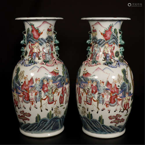 PAIR OF CHINESE PORCELAIN FAMILLE ROSE FIGURES VASES