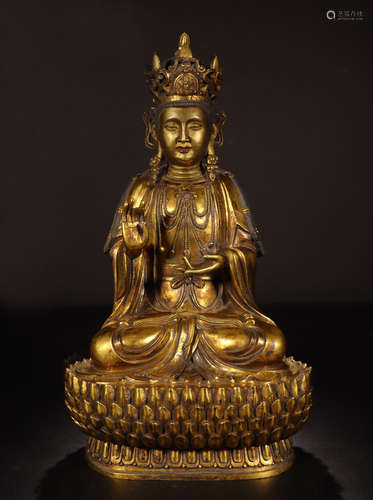 CHINESE GILT BRONZE SEATED GUANYIN ON LOTUS STAND