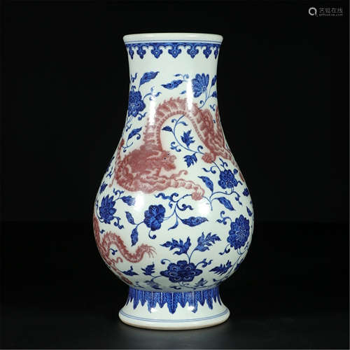 CHINESE PORCELAIN BLUE AND WHITE RED UNDER GLAZE DRAGON ZUN VASE