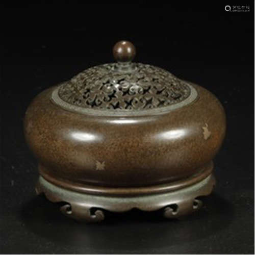 CHINESE BRONZE ROUND CENSER WITH LIDDER AND BASE