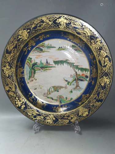 A Chinese Blue Ground Famille-Rose Porcelain Plate