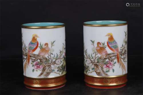 A Pair of Chinese Famille-Rose Porcelain Brush Pot