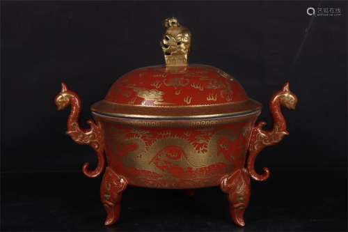 A Chinese Coral-Red Glazed Porcelain Incense Burner