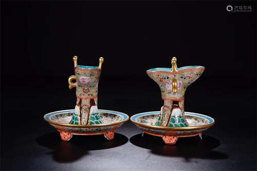 A Pair of Chinese Famille-Rose Porcelain Cups with Plates