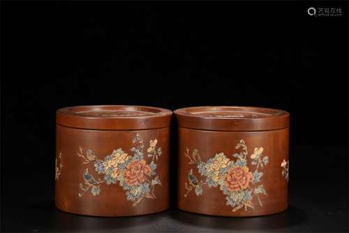 A Pair of Chinese Carved Yixing  Clay Cans with Covers