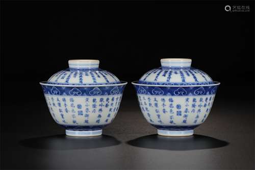 A Pair of Chinese Blue and White Porcelain Tea Bowl with Cover