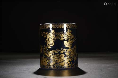 A Chinese Blue Glazed Porcelain Brush Pot