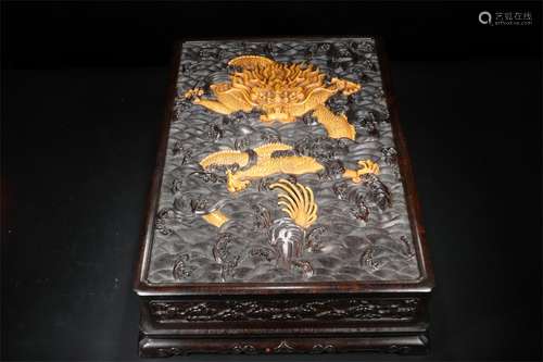 A Chinese Carved Zitan Square Box with Cover