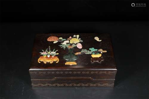 A Chinese Carved Zitan Square Box with Cover