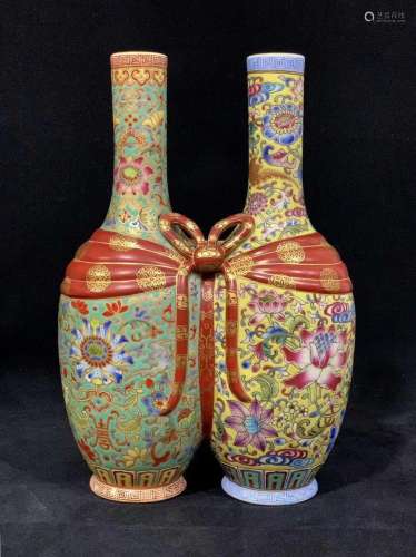 A Chinese Famille-Rose Porcelain Double Vase