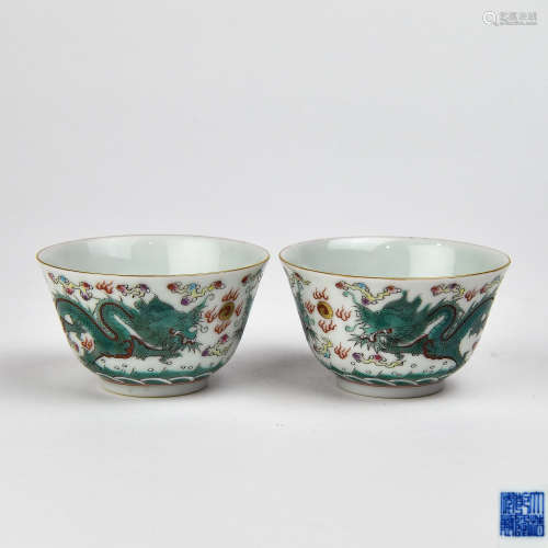 A Pair of Chinese Green Glazed Porcelain Bowls