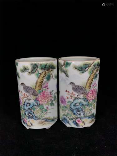 A Pair of Chinese Famille-Rose Porcelain Brush Pots