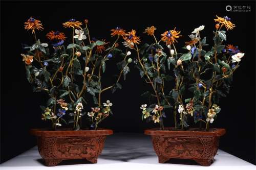 A Pair of Chinese Carved Tixi Lacquer Planter with Hard-stone Inlaid