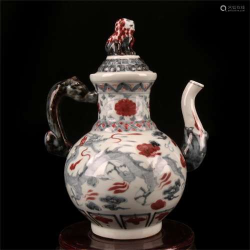 A Chinese Iron-Red Glazed Blue and White Porcelain Wine Pot
