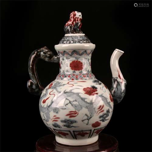 A Chinese Iron-Red Glazed Blue and White Porcelain Wine Pot