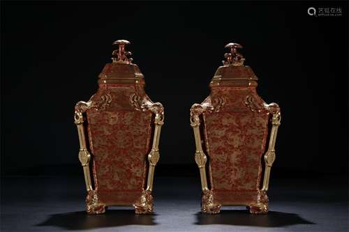 A Pair of Chinese Iron-Red Glazed Porcelain Vases