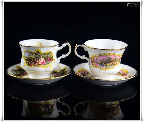 A Pair of British Paragon Hand Painted Chippendale Series Coffee Cups and Plates