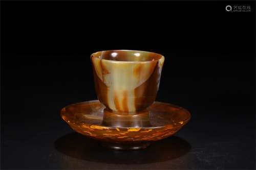 A Chinese Carved Agate Cup with Plate