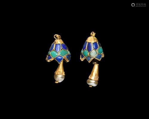 Egyptian Lapis and Turquoise Inlaid Gold Earring Pair