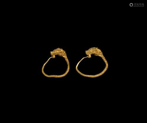 Greek Gold Earrings with Lion Terminal