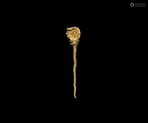 Greek Gold Pin with Face and Twisted Shaft