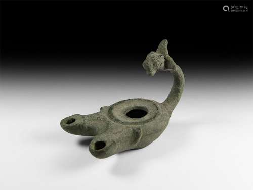 Roman Oil Lamp with Lion-Headed Handle