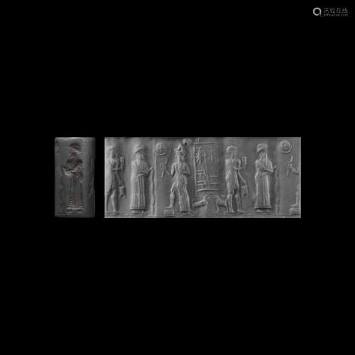 Babylonian Cylinder Seal with Robed Figure & Quadrupeds