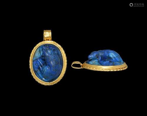 Gold Pendant with Lapis Lazuli Sleeping Dog Cameo