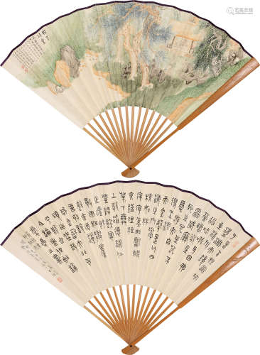 张石园（1898～1959）王福厂（1880～1960） 松下清斋图并篆书录东都赋 成扇 设色纸本