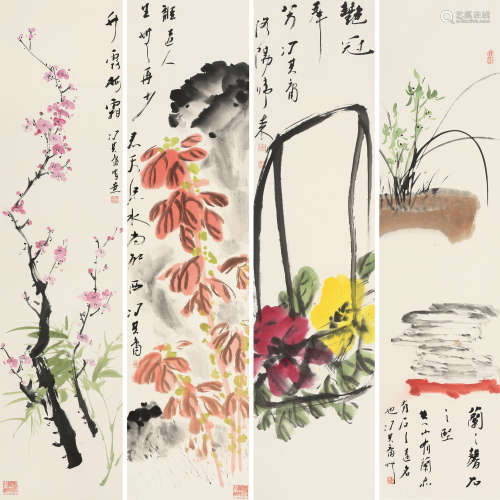 冯其庸（1924～2017） 花卉 四屏片 设色纸本