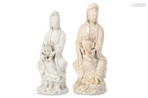 TWO CHINESE BLANC-DE-CHINE FIGURES OF GUANYIN AND CHILD.