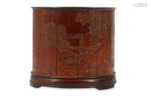 A CHINESE BAMBOO VENEER 'LANDSCAPE' BRUSH POT, BITONG.