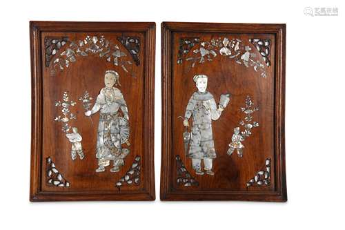 A PAIR OF CHINESE MOTHER OF PEARL-INLAID WOOD PANELS.