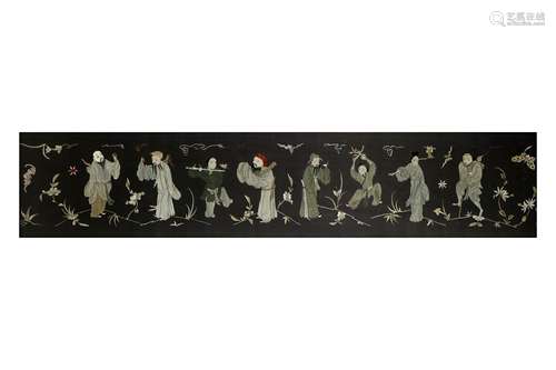 A CHINESE BLACK-GROUND EMBROIDERED SILK 'EIGHT IMMORTALS' PANEL.