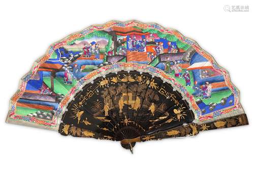 A CHINESE BLACK LACQUER CANTON FAN AND CASE.